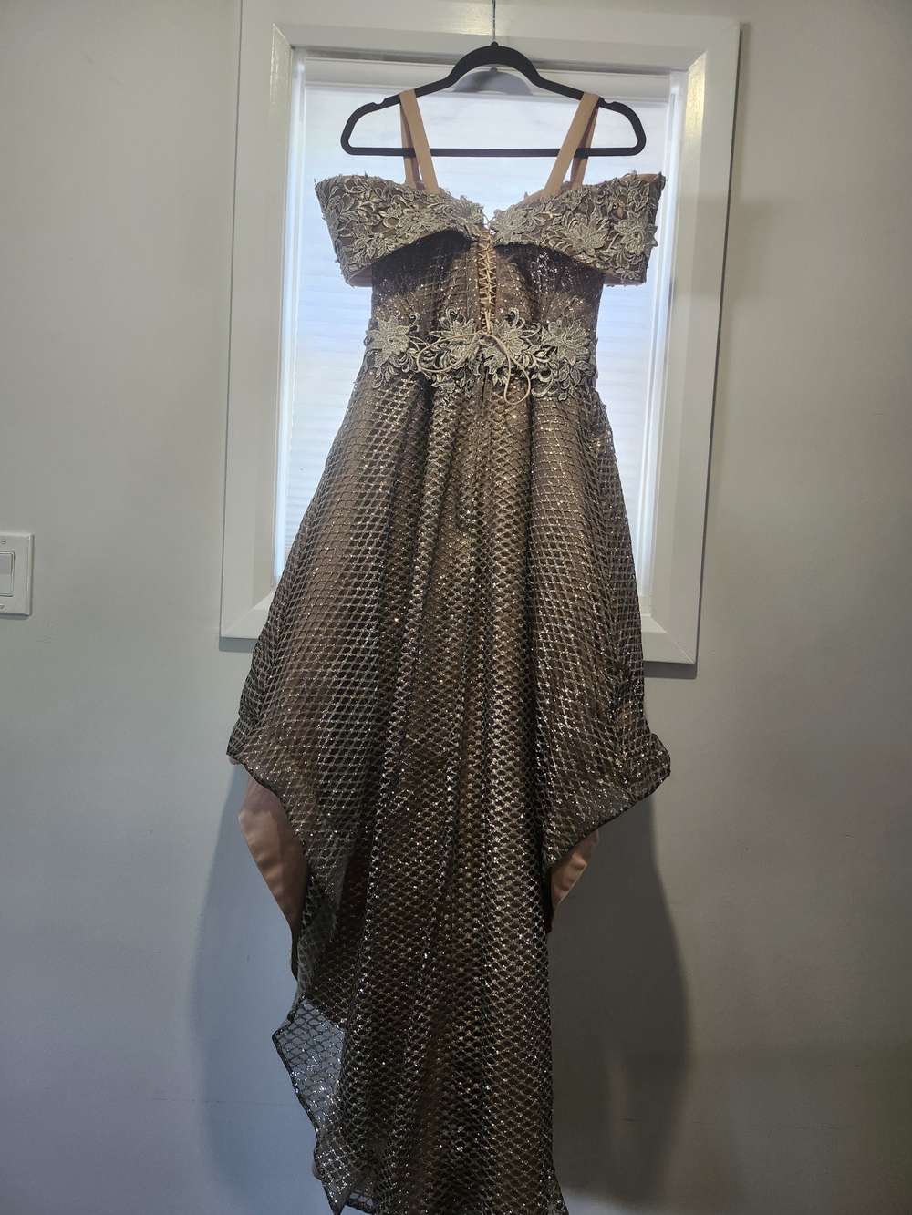 Off-Shoulder Metallic Bronze High-Low Cocktail Dress - Picture 2 of 5